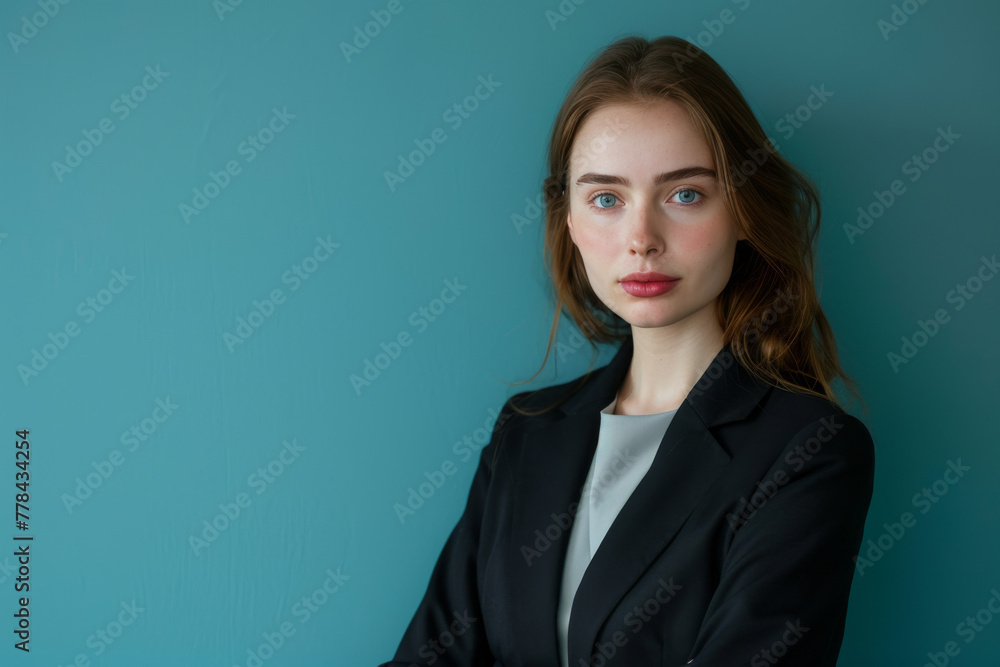 A woman in a black suit stands in front of a blue wall A woman in a black suit stands in front of a blue wall