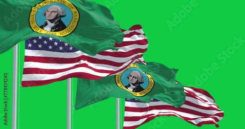 Close-up of Washington state flag waving isolated on green background photo