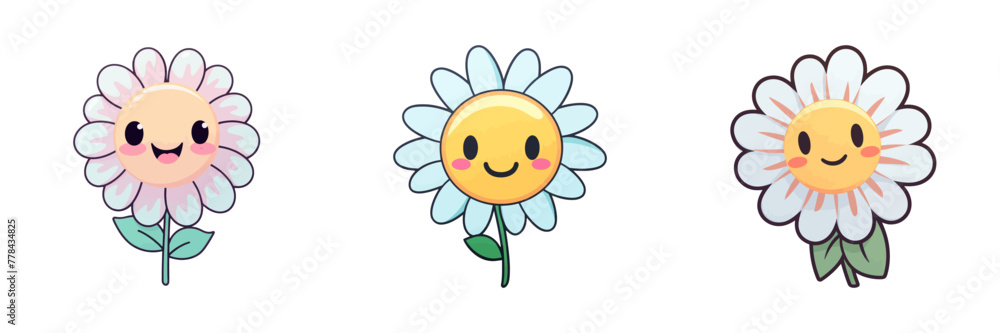 Three flowers with hand-drawn faces on petals, displayed together. Three flowers with hand-drawn faces on petals, displayed together.