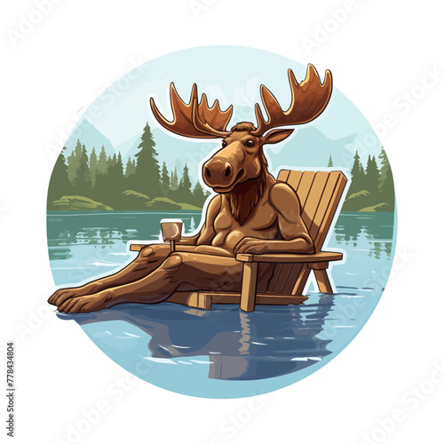 A moose sitting on a chair placed in the water.