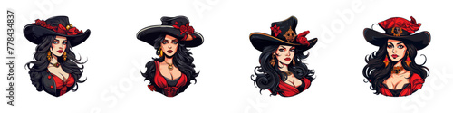 Pirate lady portrait set. Cartoon vector