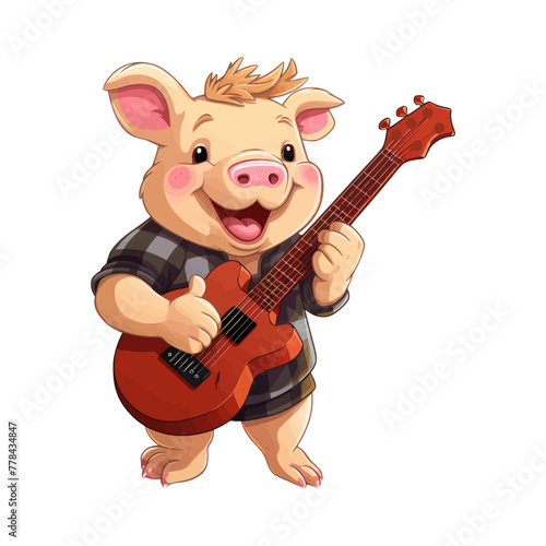 A pig happily plays a guitar and smiles.