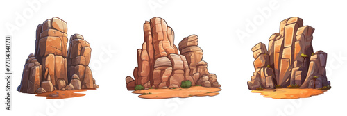 Three distinct rocks on sandy desert terrain.