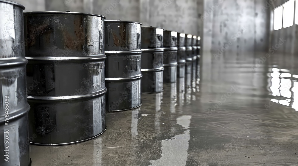 Warehouse of barrels with fuel and lubricants. A forklift operator carefully maneuvering between the aisles, transporting barrels of fuel and lubricants to their designated locations. Warehouse of barrels with fuel and lubricants. A forklift operator carefully maneuvering between the aisles, transporting barrels of fuel and lubricants to their designated locations.