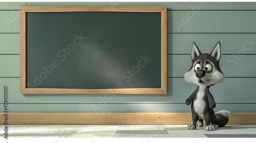 3D Render of Cute Wolf Cartoon Character with Chalkboard Wall