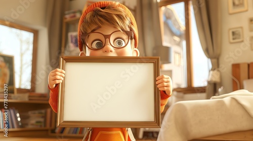 3D Render of Cute Little Boy Holding Blank Picture Frame