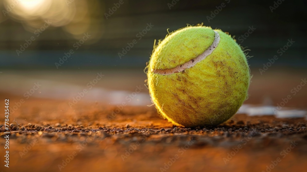 A close-up of a tennis ball, its fluorescent yellow felt texture contrasted against the clay court fading into soft focus, capturing the speed and agility of tennis