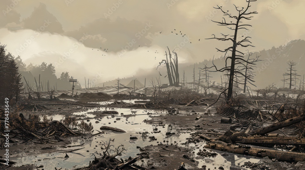 Desolation Aftermath: A Illustrated Landscape Ravaged by a Mudslide