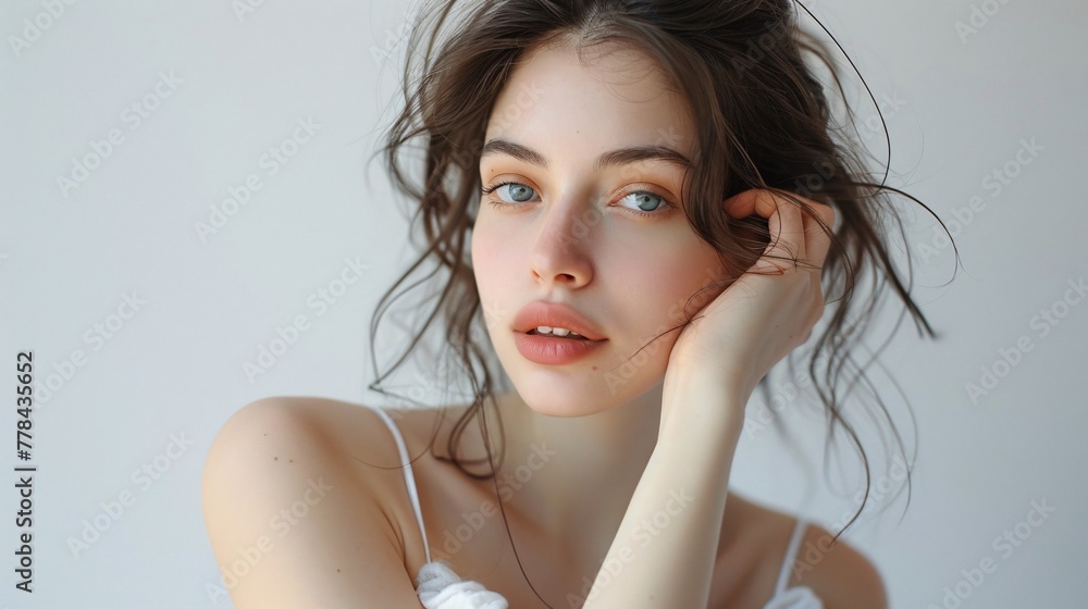 Captivating Beauty: Professional Model Showcasing Cosmetics for Cosmetic Company Advertisement Captivating Beauty: Professional Model Showcasing Cosmetics for Cosmetic Company Advertisement