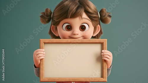 3D Render of Cute Little Girl Holding Blank Picture Frame