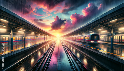 Sunset view at a rain-soaked train station with moving train