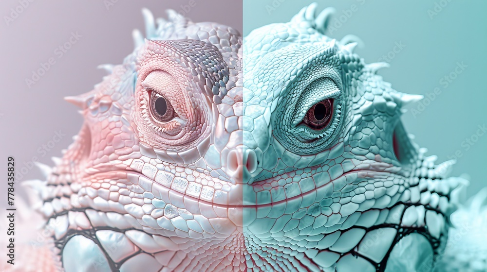Fototapeta premium Split Animal Illustration: Lavender Fur and Mint Green Scale Texture.