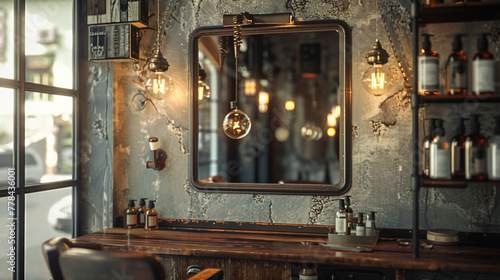 A vintage-inspired barber s mirror  reflecting the warm glow of retro light bulbs and timeless interior decor. 8K