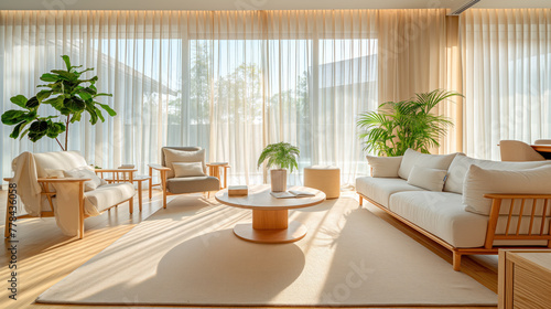 Modern Sunlit Living Room With Elegant Minimalist Furniture and Lush Plants