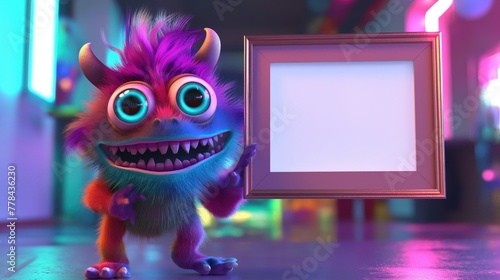 Cute Monster Holding Blank Picture Frame