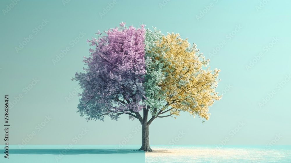 Split Season Tree: Surreal Blend of Lavender Blossoms and Mint Green Leaves.