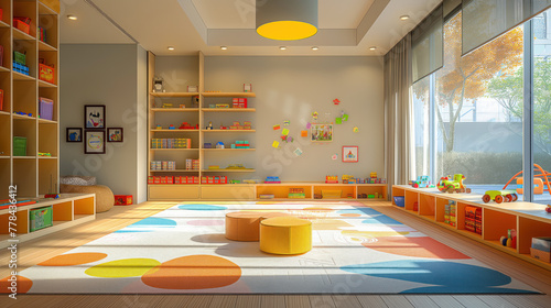 Bright and Colorful Modern Playroom Interior with Sunny Daylight