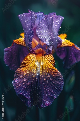 a purple and yellow flower with water droplets photo