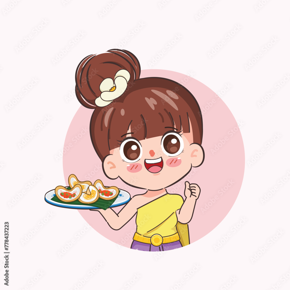 Beautiful Thai woman wearing Thai Traditional dress presenting Kanom Thai dessert with Kanom Buang or Thai Crispy Pancakes. Chibi cartoon doodle vector design. Beautiful Thai woman wearing Thai Traditional dress presenting Kanom Thai dessert with Kanom Buang or Thai Crispy Pancakes. Chibi cartoon doodle vector design.