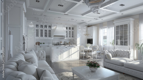 Luxurious white kitchen and living room in a big house