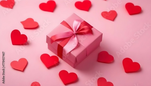 Valentine's Day pink background with red hearts and pink hearts paper with gift box. Generative Ai  © Muhammad