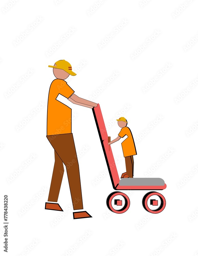A man is pushing a cart with a child in it A man is pushing a cart with a child in it
