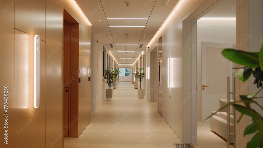 A design-forward hallway with AI-powered lighting fixtures that adapt to changing natural light conditions.