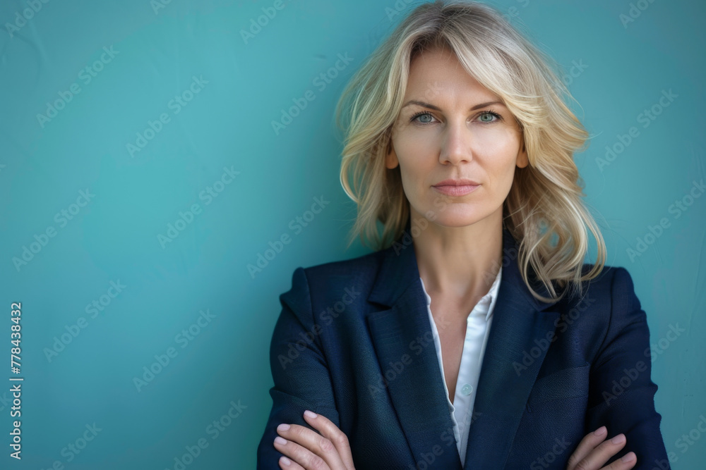 A woman in a blue suit stands with her arms crossed A woman in a blue suit stands with her arms crossed