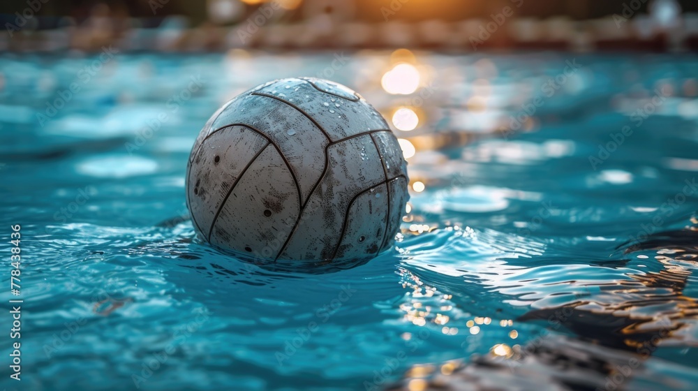 A close-up of a water polo ball, the pool's turquoise water gently blurred behind, showcasing the strength and teamwork of water polo