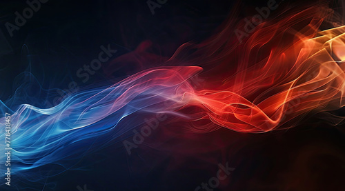 Two streams of smoke, one red and one blue, blending together against a black background to create a visually striking image that represents the interplay between warm and cool colors. photo