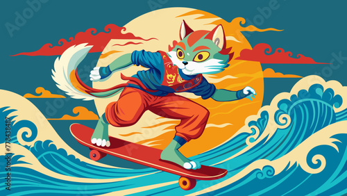kung-fu--cat--play-skateboard-background--wave-jap