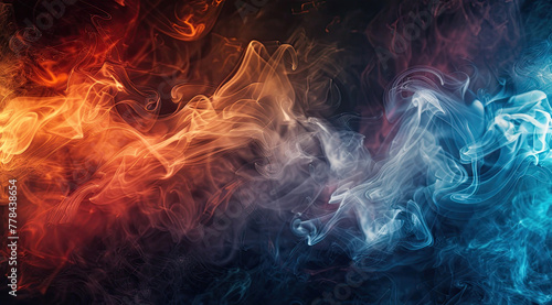  Two streams of smoke, one red and one blue, blending together against a black background to create a visually striking image that represents the interplay between warm and cool colors.