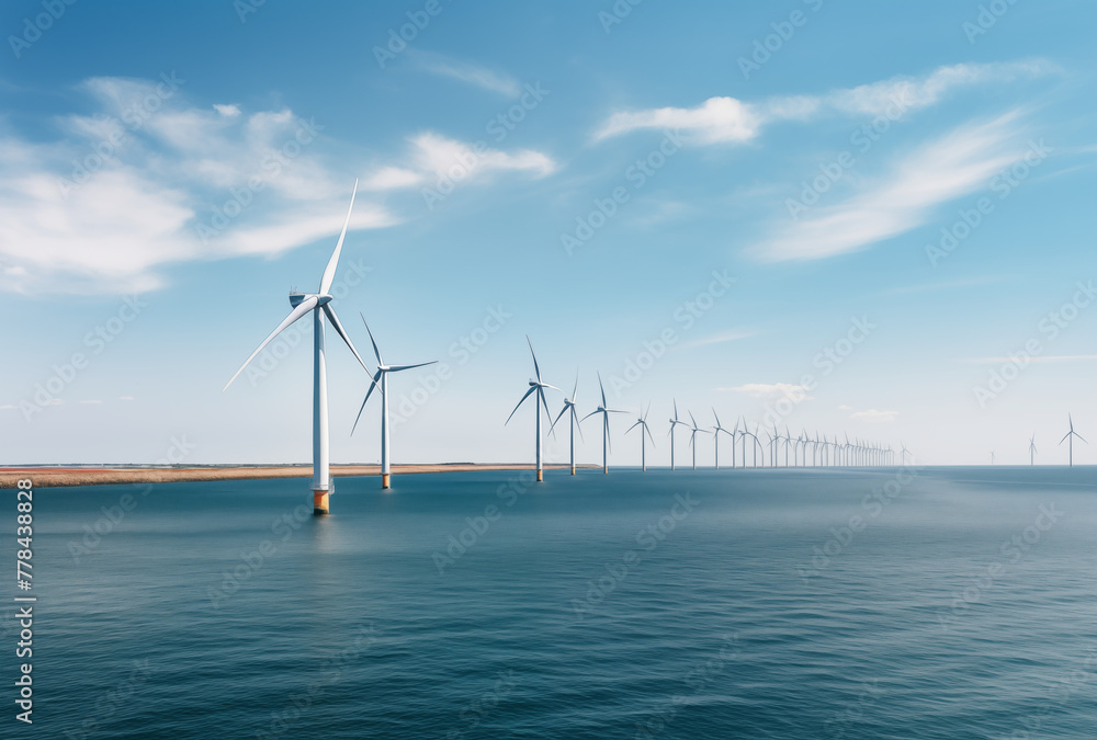 Offshore Windmill farm in the ocean with clouds and a blue sky, energy power production concept