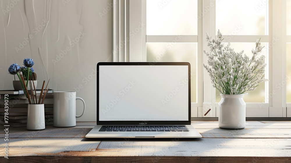 laptop mockup with blank white screen, on table, home office laptop mockup with blank white screen, on table, home office
