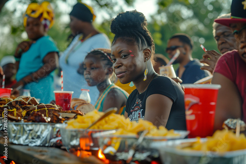 A woman with is sitting at a table with other people. The table is filled with food and drinks