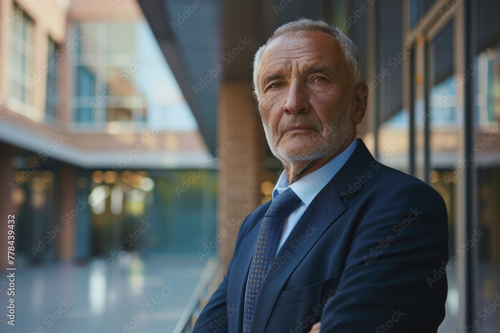 Fototapeta premium A man in a suit and tie stands with his arms crossed