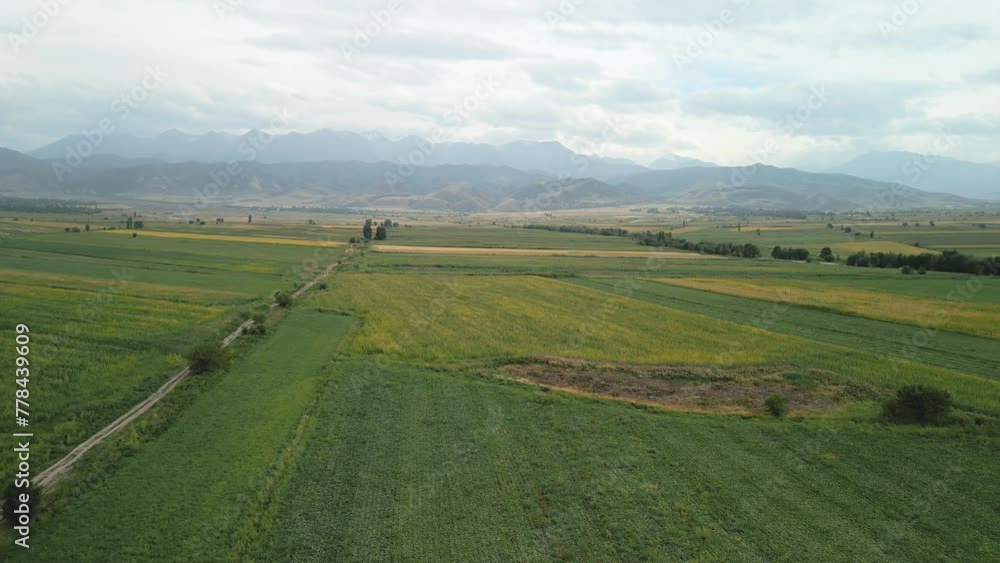 Surroundings of Burana Tower, Tokmok, Kyrgystan. Aerial drone view of mountains around the historic minaret Surroundings of Burana Tower, Tokmok, Kyrgystan. Aerial drone view of mountains around the historic minaret