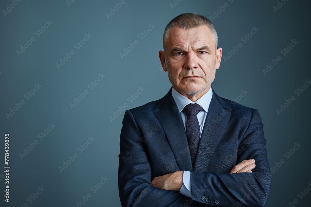 A man in a suit and tie with his arms crossed A man in a suit and tie with his arms crossed
