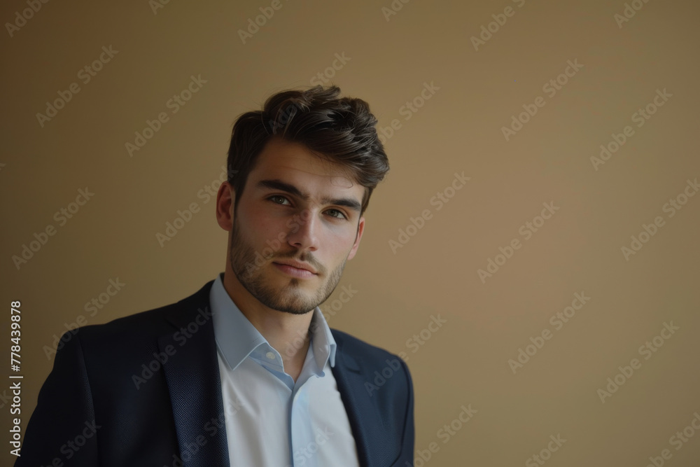 A man in a suit and white shirt looks at the camera A man in a suit and white shirt looks at the camera