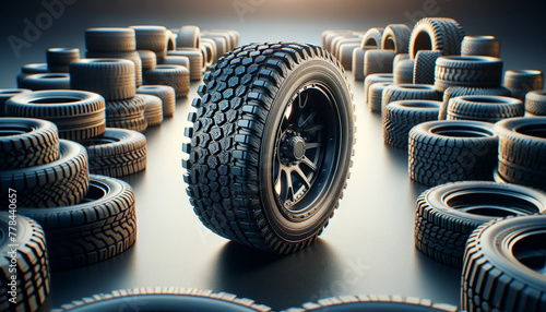 Single car tire highlighted among many, conceptual studio shot.