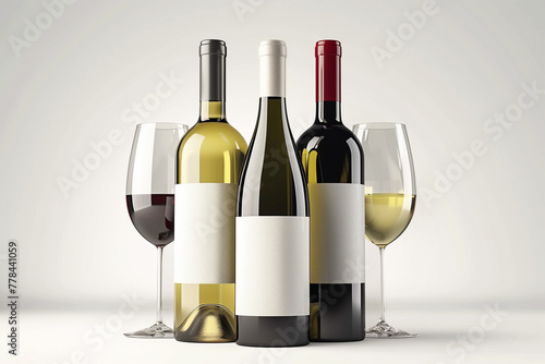 Three wine bottles and two wine glasses are displayed on a table