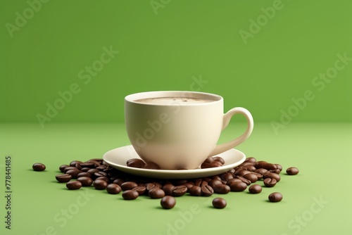 Beige Color Coffee cup with coffee beans on green background