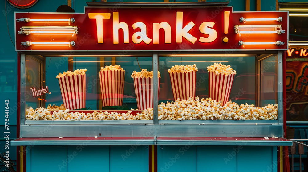 Vintage-style concession stand with freshly popped popcorn and vibrant Thanks!