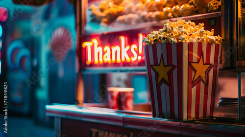 Vintage-style concession stand with freshly popped popcorn and vibrant Thanks! photo