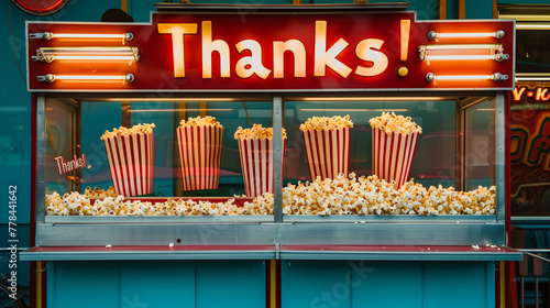 Obraz na płótnie Vintage-style concession stand with freshly popped popcorn and vibrant Thanks! w salonie