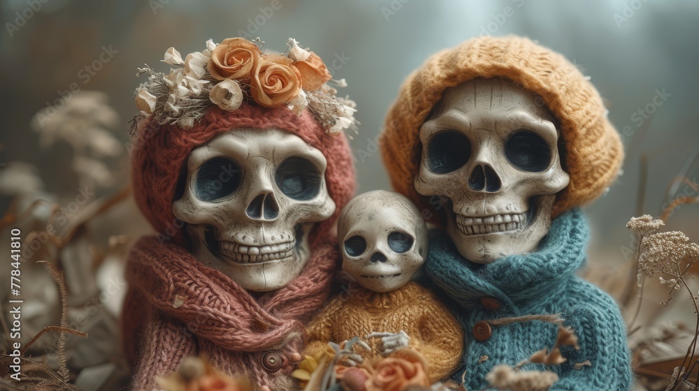 a couple of skeleton figurines sitting next to each other in the middle of a field of dead flowers.