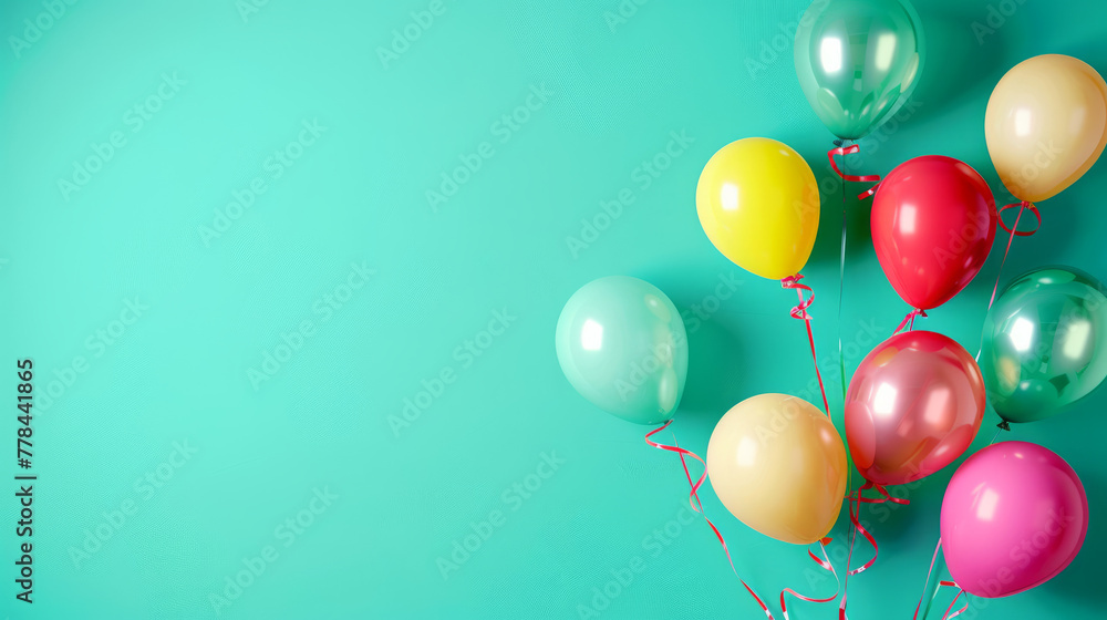 Multiple colored balloons with ribbons are showcased against a turquoise background for celebration Multiple colored balloons with ribbons are showcased against a turquoise background for celebration