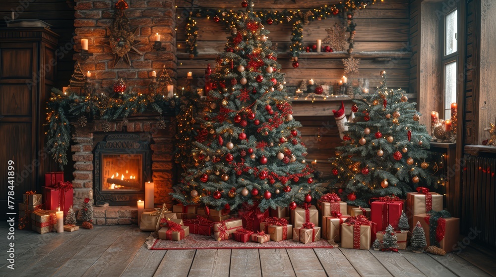 a christmas tree surrounded by presents in front of a fire place with a christmas tree in the corner of the room.