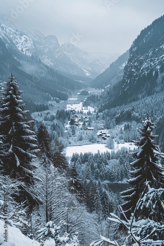 a snowy valley with trees and mountains photo