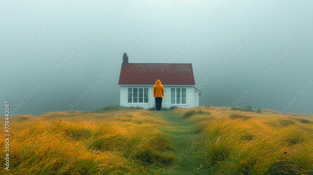 a person standing in front of a house with a red roof on a foggy day in a field of tall grass.